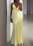 Vintage Yellow V-neck Mermaid Satin Spaghetti Strap Party Dress Evening Gown Bridesmaid Dress HZ1024
