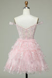 Vintage Pink Floral Embroidery Design A-line Off-the-shoulder Tiered Homecoming Dress HZ1024