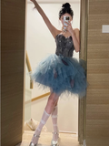 Fashion Blue Sequin Tulle Design A-line Sweetheart Strapless Homecoming Dress HZ1024