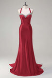 Vintage Satin Beaded Evening Gown Sheath Sweetheart Party Dress Long Formal Dress HZ1024