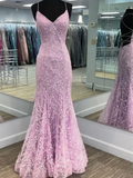 V Neck Backless Mermaid Lace Long Prom Dresses,Lace Evening Dresses HZ1024