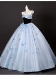 Chic Sky Blue Sweetheart Beaded Sweet 16 Quinceanera 3D Flowers A-Line Strapless Evening Dress Long Ball Gown HZ1024