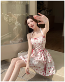 New Fashion Red Floral Print Bow Design A-line Halter Dress HZ1024