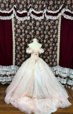 Vintage Pink Sweetheart Off-the-shoulder Tulle Beaded Quinceanera Evening Dress Ball Gown HZ1024