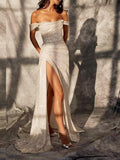 Sparkly Ivory Mermaid Off Shoulder High Slit Cheap Long Prom Dresses Online HZ1024