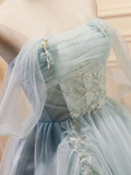 Vintage Light Blue Beaded Off-the-shoulder Design A-line Tulle Party Dress Homecoming Dress HZ1024
