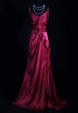 Vintage Fuchsia Satin Beaded Evening Gown Sheath Ruffled Party Dress Long Formal Dress HZ1024