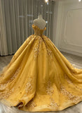 Beautiful Yellow Sweetheart Applique Off-the-shoulder Beaded Sweet 16 Quinceanera A-Line Tulle Floor-length Prom Dress Birthday Dress Evening Dress Ball Gown HZ1024