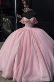 Beautiful Pink Sweetheart Sequin Off-the-shoulder Sweet 16 Quinceanera A-Line Tulle Floor-length Prom Dress Birthday Dress Evening Dress Ball Gown HZ1024