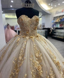 Gorgeous Champagne Sweetheart Applique Sweet 16 Quinceanera A-Line Floor-length Prom Dress Birthday Dress Evening Dress Ball Gown HZ1024