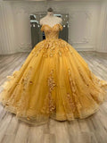 Beautiful Yellow Sweetheart Applique Off-the-shoulder Beaded Sweet 16 Quinceanera A-Line Tulle Floor-length Prom Dress Birthday Dress Evening Dress Ball Gown HZ1024