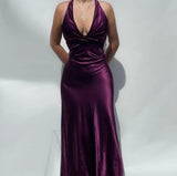 Vintage Satin V-neck Prom Dress Long Evening Dress Sheath Backless Formal Dress HZ1024