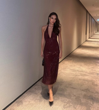 Vintage Shiny Sequin Sheath Prom Dress V-neck Evening Dress Long Formal Dress HZ1024