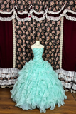 Vintage Blue-green Tulle Beaded Strapless Quinceanera A-Line Evening Dress Prom Dress Ball Gown HZ1024
