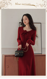Vintage Burgundy Sheath Prom Dress Long-sleeve Evening Dress Knit Long Formal Dress HZ1024