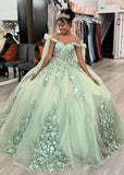 Gorgeous Sage Green Applique Sweetheart Off-the-shoulder Sweet 16 Quinceanera A-Line Floor-length Prom Dress Evening Dress Ball Gown HZ1024