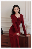 Vintage Burgundy Sheath Prom Dress Long-sleeve Evening Dress Knit Long Formal Dress HZ1024