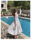 Design Sense Blue Painting Long Dress Holiday Beach Floral Spaghetti Strap Dress HZ1024