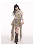 Simple Fashion Leopard Print Plaid Style Halter Dress HZ1024