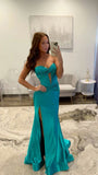Vintage Turquoise Sheath Evening Gown Strapless Sweetheart Party Dress Satin Slit Floor Length Formal Dress HZ1024