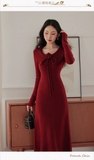 Vintage Burgundy Sheath Prom Dress Long-sleeve Evening Dress Knit Long Formal Dress HZ1024