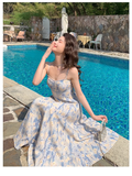 Design Sense Blue Painting Long Dress Holiday Beach Floral Spaghetti Strap Dress HZ1024