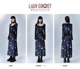 New Fashion Butterfly Pattern Design Sense Navy Blue Long-sleeved Dress HZ1024