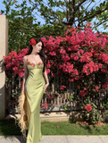Vintage Green Floral Mermaid Spaghetti Strap Design Satin Prom Dress Evening Dress HZ1024