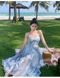 Simple Elegant Blue Floral Design Beach Holiday Spaghetti Strap Dress HZ1024