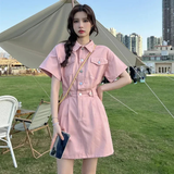 Simple Casual Short Sleeve Button-front Denim Dress HZ1024