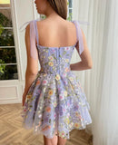 Cute Lavender 3D Floral Design Tulle A-line Mini Strapless Homecoming Dress HZ1024
