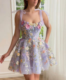 Cute Lavender 3D Floral Design Tulle A-line Mini Strapless Homecoming Dress HZ1024