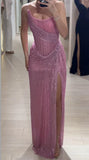 Vintage Pink Glittering Tulle Strapless Evening Gown Sheath Party Dress Long Formal Dress HZ1024