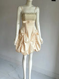 Vintage Champagne A-Line Spaghetti Strap Homecoming Dress Satin Beaded Party Dress Short Cocktail Dress HZ1024