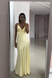 Vintage Yellow V-neck Mermaid Satin Spaghetti Strap Party Dress Evening Gown Bridesmaid Dress HZ1024