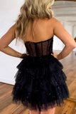 Vintage Black Glitter Design Tulle Short Strapless Homecoming Dress HZ1024