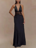 Charming Lace V-neck Prom Dress Sheath Halter-neck Evening Dress Long Formal Dress HZ1024