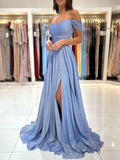 A-Line Sweetheart Neck Off Shoulder Blue Long Prom Dress, Blue Formal Evening Dress HZ1024