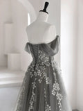 A-Line Off Shoulder Tulle Lace Gray Long Prom Dress, Gray Tulle Lace Formal Dress HZ1024