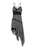 New Fashion Plaid Ruffled Irregular Dress Hem Design A-line Sleeveless Spaghetti Strap Dress HZ1024