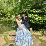 Vintage Blue Floral Prom Dress A-Line Tiered Evening Dress Long Formal Dress HZ1024