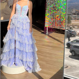 Vintage Shiny Sequin A-Line Prom Dress Spaghetti Strap Tiered Evening Dress Long Formal Dress HZ1024