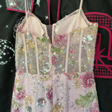 Vintage Pink Floral Sequin Prom Dress Spaghetti Strap Evening Dress Long Sheath Formal Dress HZ1024