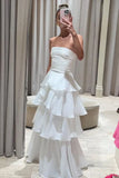 Vintage White Chiffon Strapless A-Line Tiered Prom Dress Party Dress Evening Dress HZ1024
