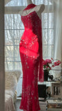 Vintage Red Chiffon Shiny Beaded Spaghetti Strap Mermaid Long Prom Dress Evening Dress HZ1024
