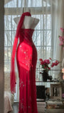 Vintage Red Chiffon Shiny Beaded Spaghetti Strap Mermaid Long Prom Dress Evening Dress HZ1024