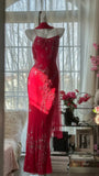 Vintage Red Chiffon Shiny Beaded Spaghetti Strap Mermaid Long Prom Dress Evening Dress HZ1024