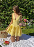 Vintage Yellow V-neck A-Line Short Party Dress Cocktail Dress Homecoming Dress HZ1024