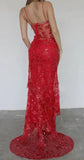 Vintage Shiny Sequined Red Mermaid Lace Applique Spaghetti Strap Long Prom Dress Evening Dress HZ1024