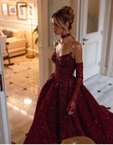 Vintage Sweetheart Burgundy Shiny Sequin Strapless Design A-Line Evening Dress Prom Dress HZ1024